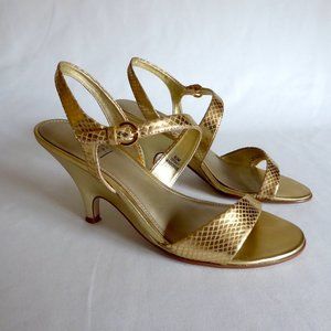 IMPO BRAND WOMENS “TEENSY” GOLD LAME STRAP HEELS (SIZE 6.5) PRE-OWNED WORN ONCE